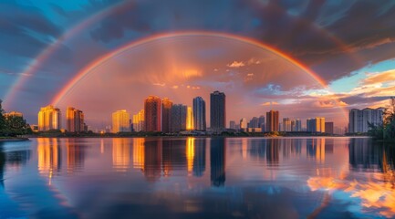 Fototapeta premium City Skyline Reflected in Water with Double Rainbow at Sunset