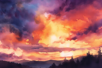 Vibrant Watercolor Sunset Sky over Forested Hills with Dramatic Clouds