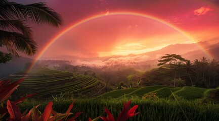 Obraz premium Rainbow Over Lush Green Rice Terraces at Sunset