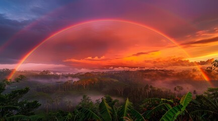 Obraz premium Double Rainbow Arcing Over a Misty Tropical Forest at Sunset