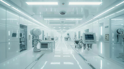 Obraz premium white futuristic digital laboratory interior in semiconductor manufacturing factory with machine, computer screen and robotic arms