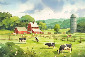 Fototapeta premium Pastoral Farm Setting with Cows Grazing near Red Barn and Silo on a Sunny Day