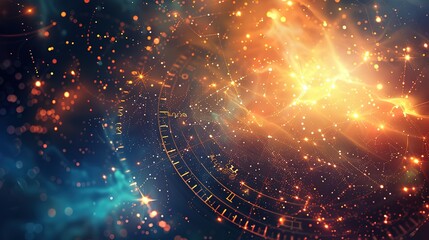 Abstract cosmic background with glowing constellations and celestial map