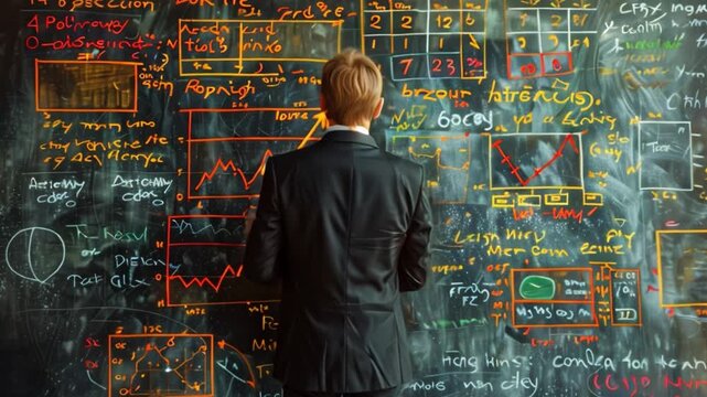 This person studies mathematical equations and diagrams on a classroom chalkboard. - Powered by Adobe