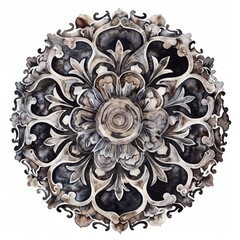 Watercolor painting of a Gothic-style medallion with dark tones and intricate details, on isolated white background, Generative AI