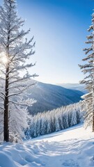 the sun shines through the trees on a snowy mountain