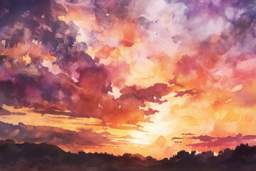 Vibrant Watercolor Sunset Sky with Colorful Clouds and Silhouette of Trees