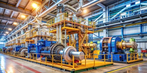 Fototapeta premium High-precision industrial machinery engine undergoes assembly in a well-lit manufacturing plant facility, showcasing complex oilfield refinery equipment in a clean and organized environment.