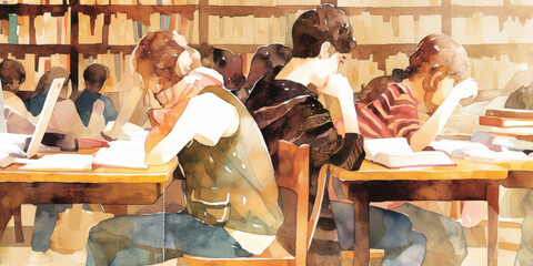 Fototapeta premium Students Studying in Library Watercolor Illustration of Education and Learning Environment