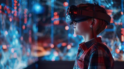 Fototapeta premium Young boy immersed in virtual reality experience, wearing VR headset and exploring futuristic digital environment with glowing neon lights.