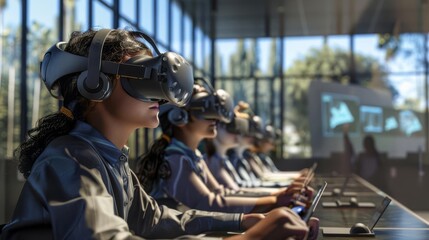 Group of students using virtual reality headsets and tablets in a modern tech classroom, focused on interactive learning and digital technology.