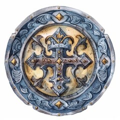 Watercolor painting of a medieval-style medallion with a knight's crest and armor details, on isolated white background, Generative AI