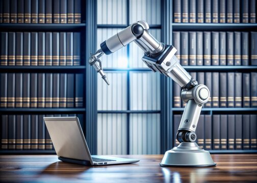 High-tech robotic arm reviews legal documents on a computer screen, surrounded by law books and folders, symbolizing automation of paralegal tasks in the legal industry.