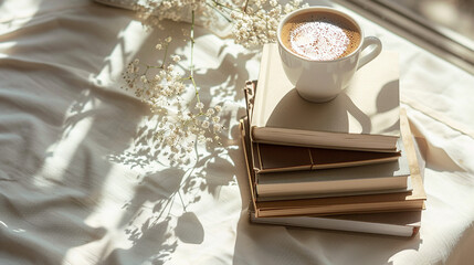 books on a table and cup of coffee on top