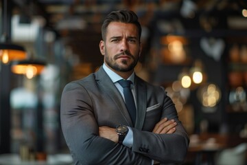 Fototapeta premium Confident Male CEO in Suit Leading a Dynamic Presentation with Authority and Grace
