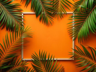 Fototapeta premium Vibrant orange background with modern rectangular botanical frame featuring lush palm leaves, providing ample copy space for text or design elements.