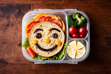 Overhead view of a childs school packed lunch made into a cute smiling face, ai	