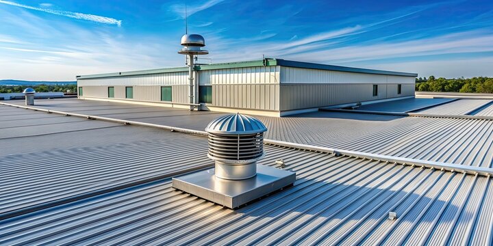 Lightning rod and ventilation system on commercial building roof , lightning rod, ventilation system, rooftop