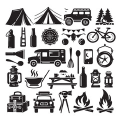 Camping elements set silhouette vector illustration.