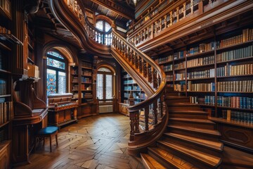 Obraz premium Ornate Library Staircase with Wooden Bookshelves