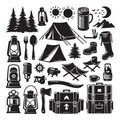 Camping elements set silhouette vector illustration.
