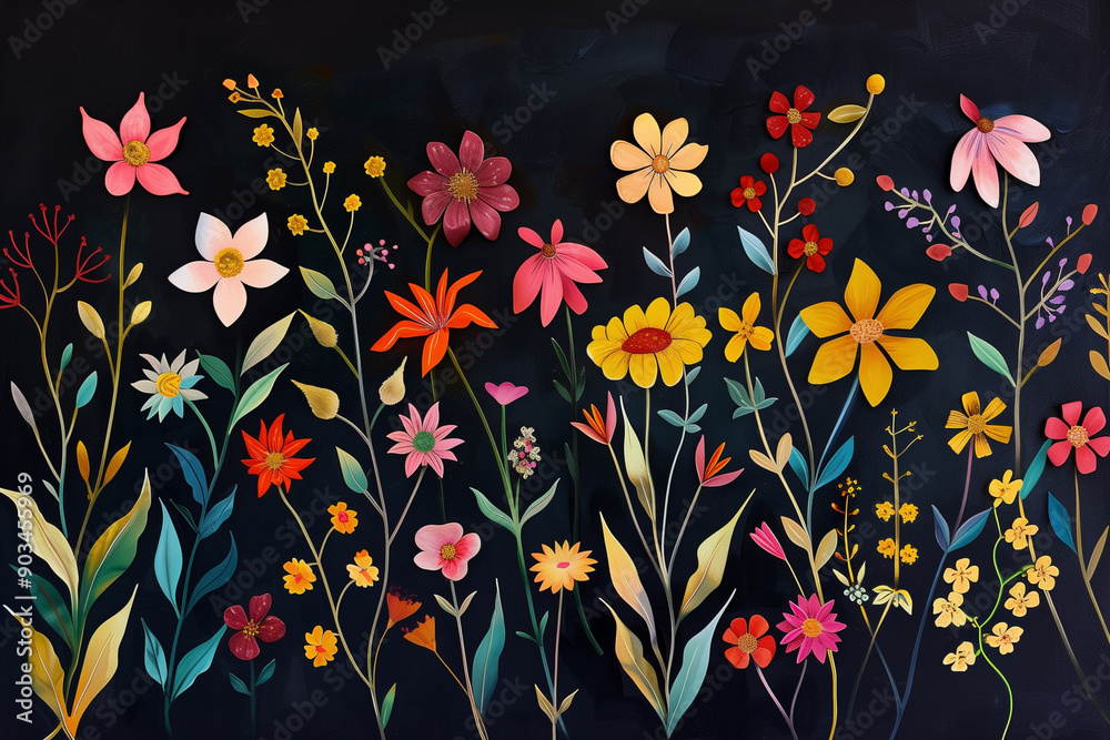 Wall mural painting of a bunch of flowers on a black background