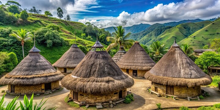 Traditional round houses with vegetal roofs in a village in the Baleim Valley, West Papua, Indonesia