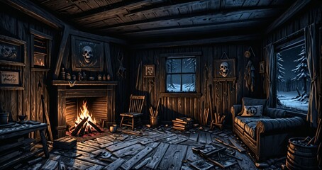 interior of abandoned ransacked cabin lodge in the mountains woods wilderness at night. old wood home in the wild dark arctic tundra.