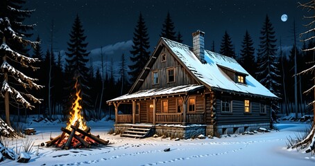 Naklejka premium wooden cabin lodge home with bonfire firepit fire in the woodland forest mountains wilderness during night surrounded by pine trees and snow isolation. wood cottage in snowy winter.