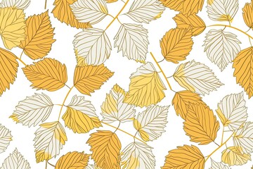 A pattern with a cartoonistic illustration of a white and gold leaves white background. Thick cartoon lines
