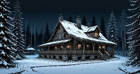 Fototapeta premium wooden cabin lodge home in the woodland forest mountains wilderness during night surrounded by pine trees and snow isolation. wood cottage in snowy winter.