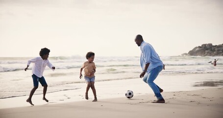 Soccer, happy family on beach together for holiday and bonding on tropical adventure in portrait. Football, summer vacation and playing, father and children at ocean to relax, smile and fun in Bali.