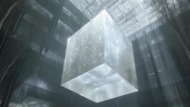 A glowing cube hovers in a dark, futuristic room with beams of light streaming from above. The metallic surfaces and reflective textures create an ethereal atmosphere. No people present, nighttime