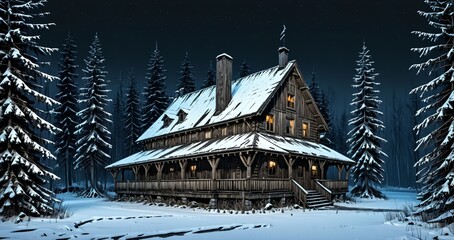 wooden cabin lodge home in the woodland forest mountains wilderness during night surrounded by pine trees and snow isolation. wood cottage in snowy winter.