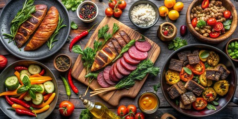 Fototapeta premium Vibrant top-down view of a delectable dinner spread featuring pan-seared meats, roasted vegetables, fresh salad, and savory snacks, with ample copy space.