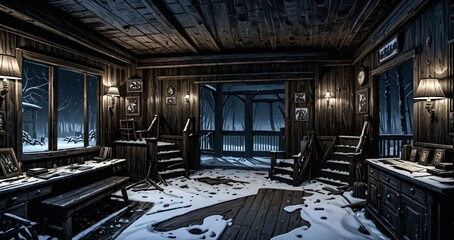 interior of abandoned ransacked cabin lodge in the mountains woods wilderness at night. old wood home in the wild dark arctic tundra.