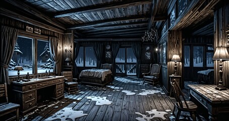 interior of abandoned ransacked cabin lodge in the mountains woods wilderness at night. old wood home in the wild dark arctic tundra.
