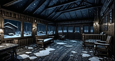 interior of abandoned ransacked cabin lodge in the mountains woods wilderness at night. old wood home in the wild dark arctic tundra.