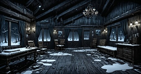 interior of abandoned ransacked cabin lodge in the mountains woods wilderness at night. old wood home in the wild dark arctic tundra.