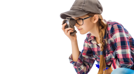 Beautiful Girl with 3D Home Inspection, on isolated transparent background