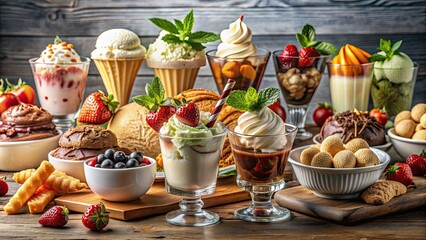 A variety of delicious desserts and drinks, including ice cream, beautifully arranged on a table, desserts, drinks, ice cream