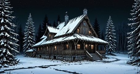 Fototapeta premium wooden cabin lodge home in the woodland forest mountains wilderness during night surrounded by pine trees and snow isolation. wood cottage in snowy winter.