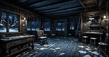 interior of abandoned ransacked cabin lodge in the mountains woods wilderness at night. old wood home in the wild dark arctic tundra.