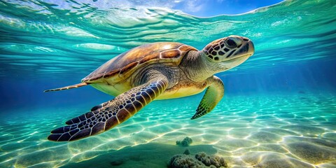 Fototapeta premium A vibrant green sea turtle gracefully swimming in the clear ocean waters, Sea turtle, ocean, underwater, marine life