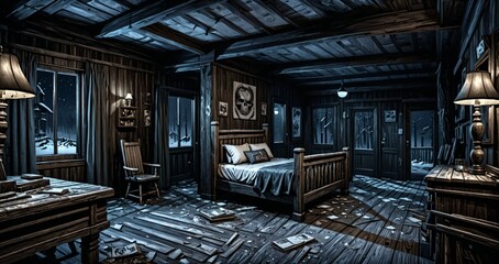 interior of abandoned ransacked cabin lodge in the mountains woods wilderness at night. old wood home in the wild dark arctic tundra.