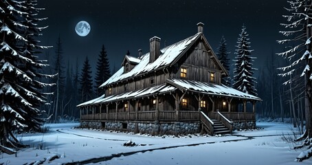 wooden cabin lodge home in the woodland forest mountains wilderness during night surrounded by pine trees and snow isolation. wood cottage in snowy winter.
