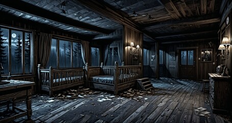 cabin house interior with view of the foggy hazy woodland forest woods in the morning. old abandoned post apocalyptic hallway living room corridor inside wood house. 