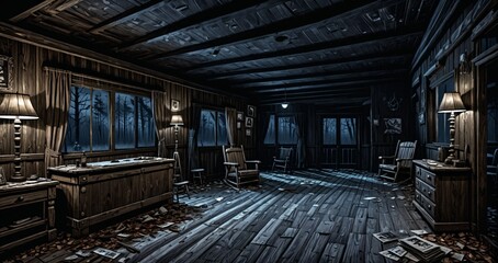 cabin house interior with view of the foggy hazy woodland forest woods in the morning. old abandoned post apocalyptic hallway living room corridor inside wood house. 