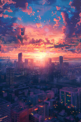 Fototapeta premium A huge modern city of skyscrapers at sunset, shining with bright lights, looks confidently into the future. The concept of urbanization, the development of new technologies, future will come tomorrow.