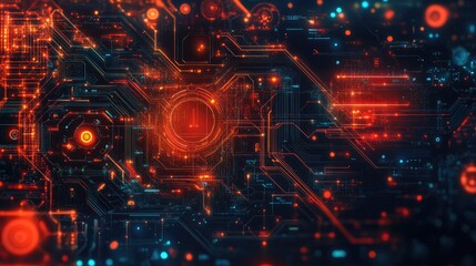 Obraz premium Futuristic digital circuit board with glowing red and blue lights, representing advanced technology and innovation.